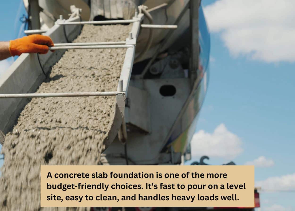 Concrete slab foundation being poured for a timber frame barn construction project with ready-mix concrete.