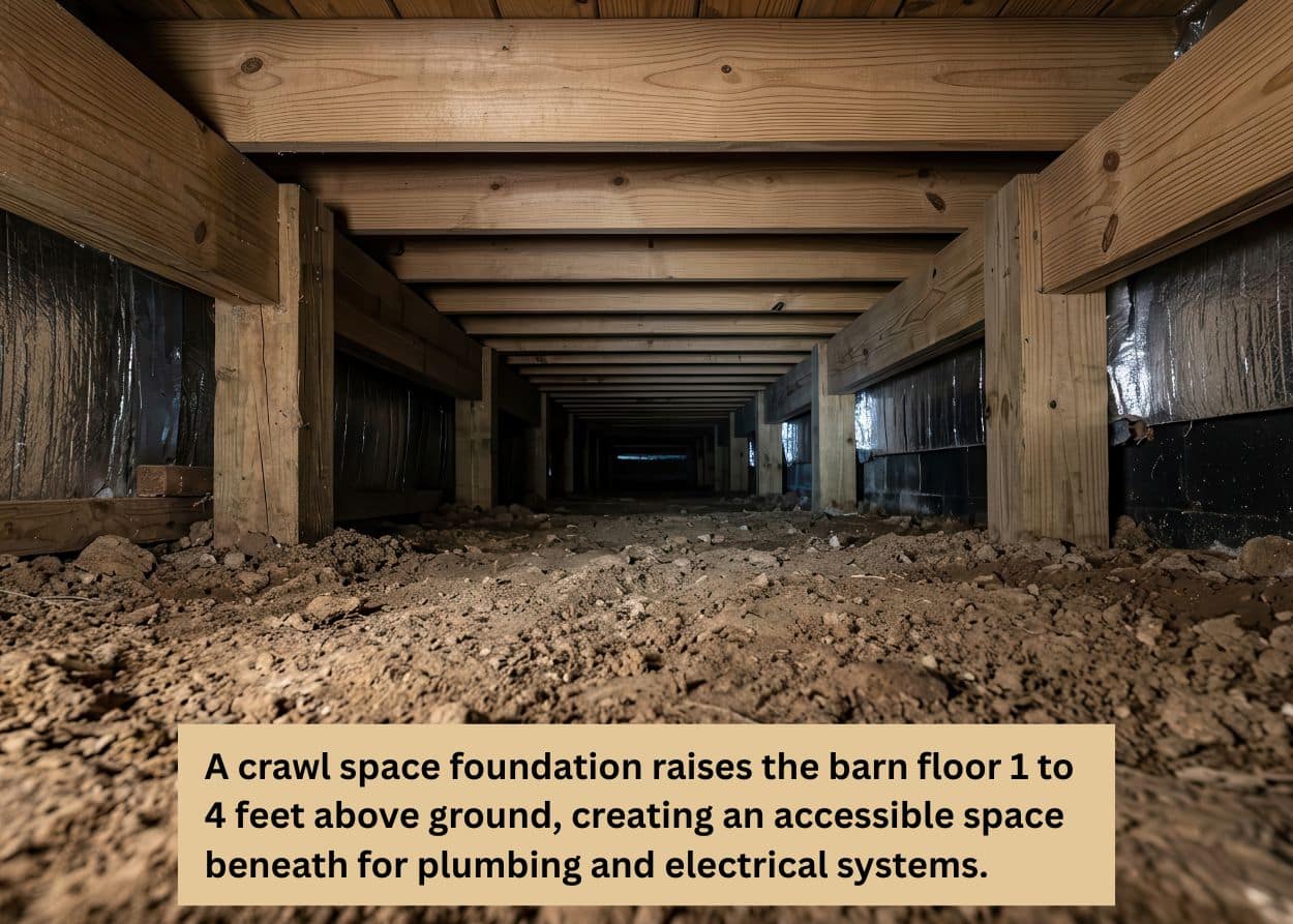 Crawl space foundation beneath a timber frame barn with wood supports and proper ventilation access.
