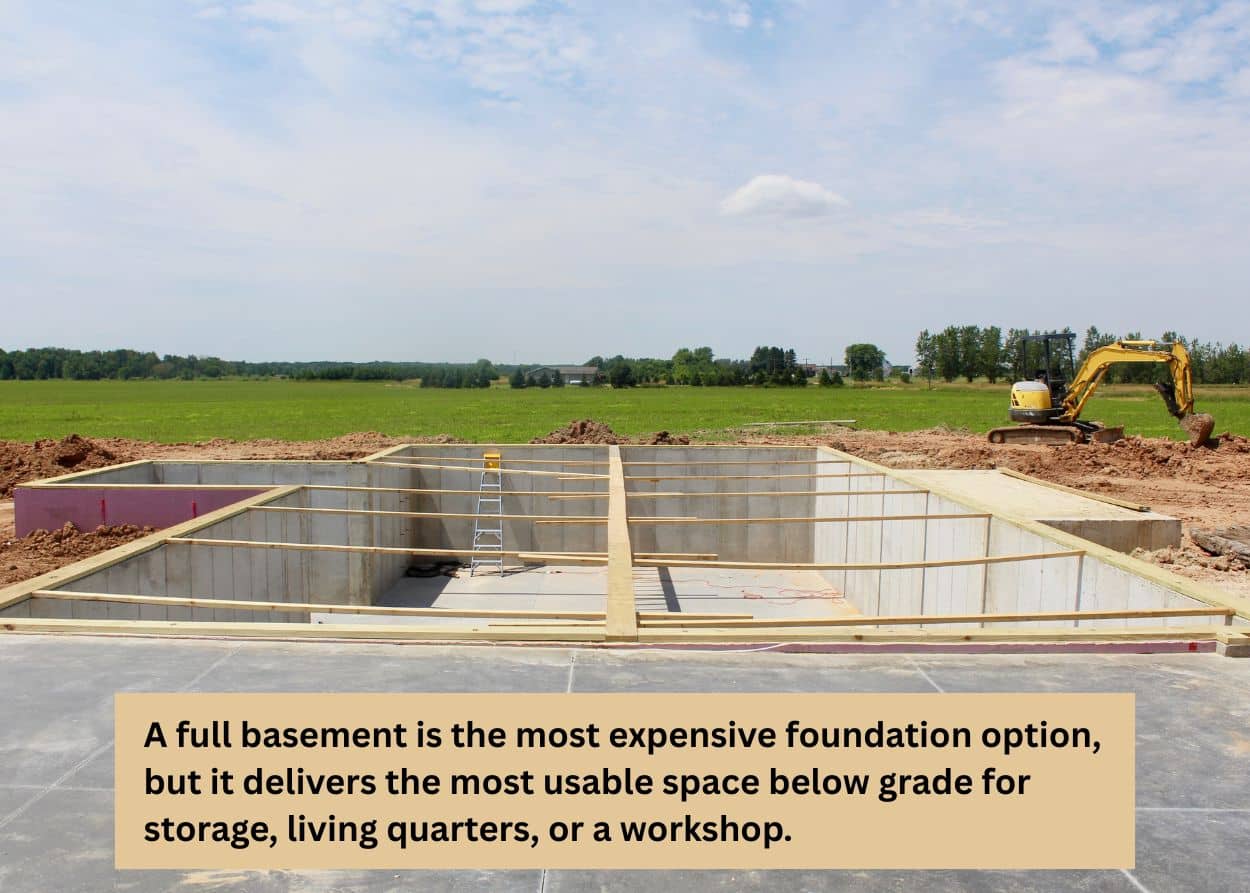Full basement foundation prepared for a timber frame barn before framing begins.