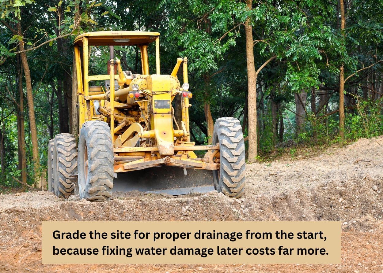 Heavy equipment grading a construction site for proper drainage before timber frame barn foundation installation.