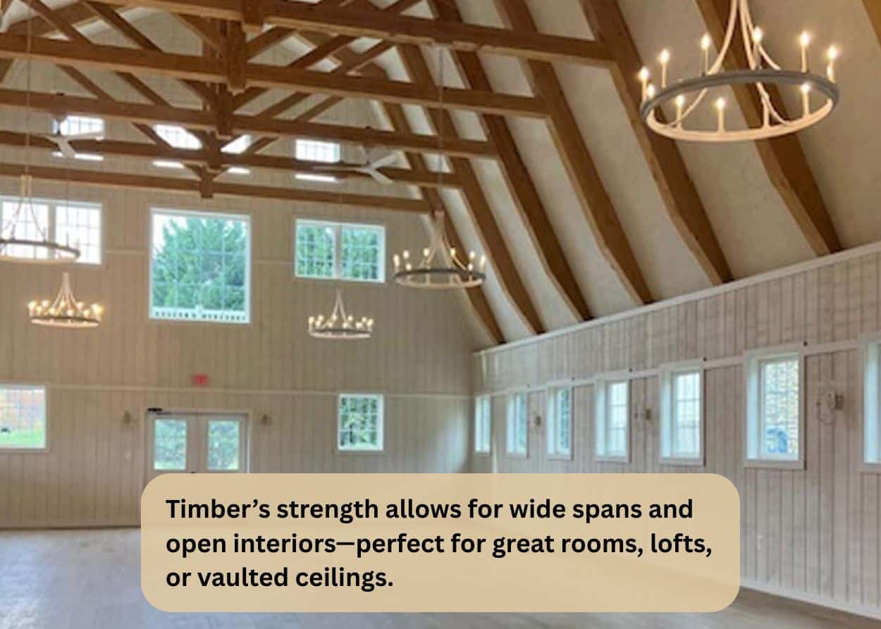 Timber’s strength allows for wide spans and open interiors—perfect for great rooms, lofts, or vaulted ceilings.