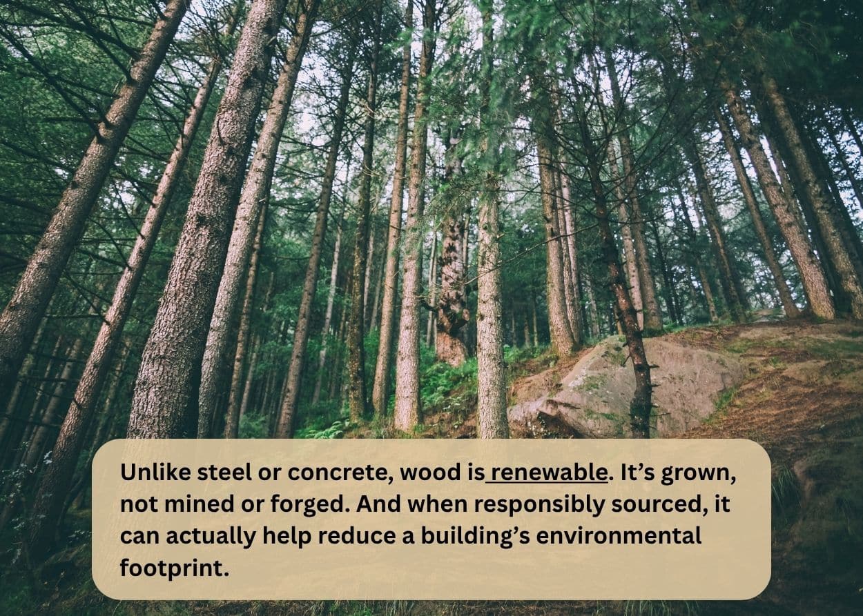 Unlike steel or concrete, wood is renewable. It’s grown, not mined or forged. And when responsibly sourced, it can actually help reduce a building’s environmental footprint.