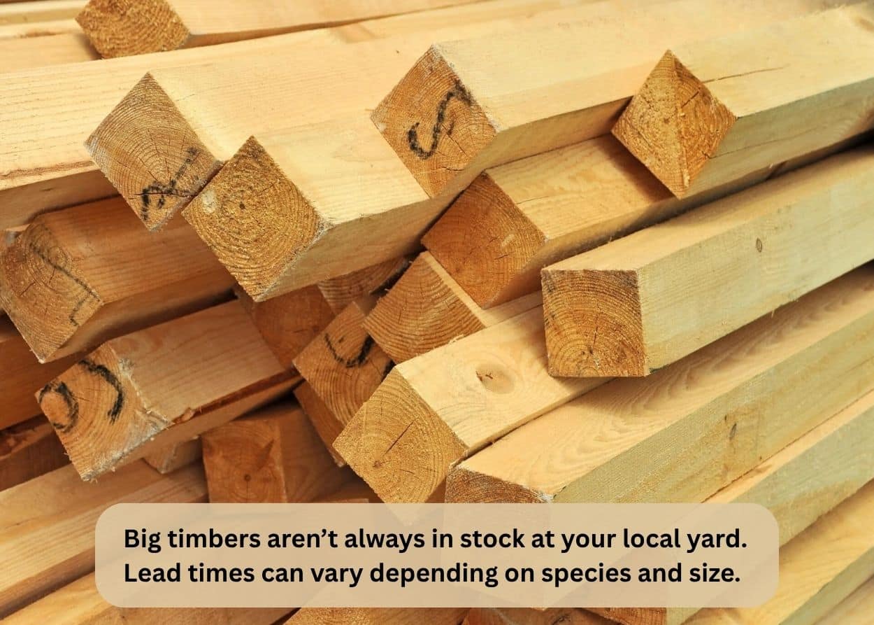 Big timbers aren’t always in stock at your local yard. Lead times can vary depending on species and size.