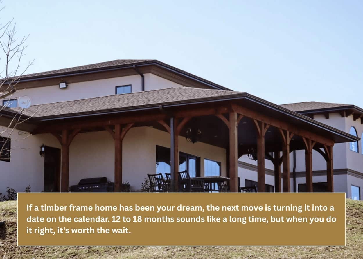 Completed custom timber frame home with covered outdoor living area