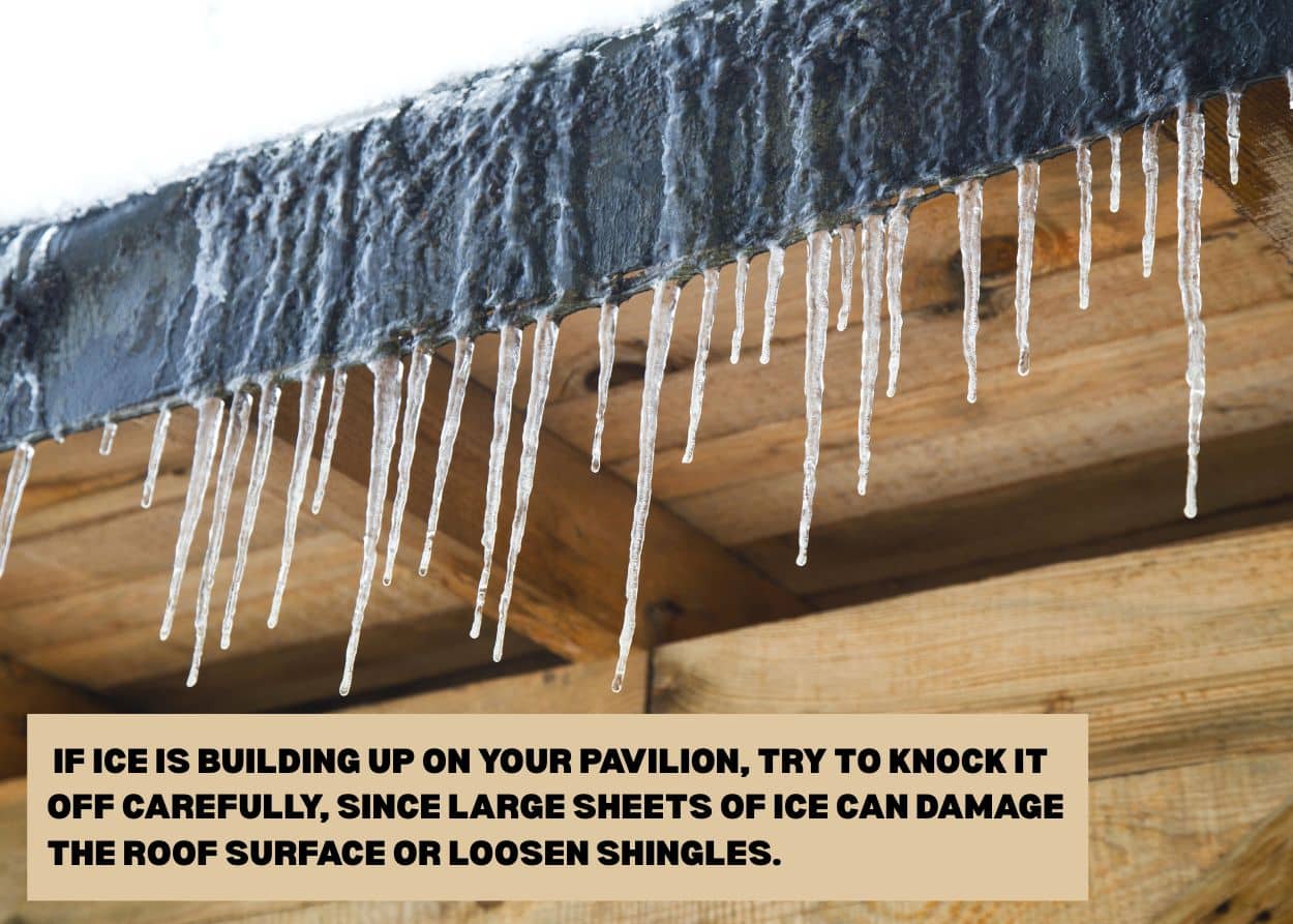 Icicles hanging from the edge of a roof on a timber frame structure during winter. Caption: If ice is building up on your pavilion, try to knock it off carefully, since large sheets of ice can damage the roof surface or loosen shingles.