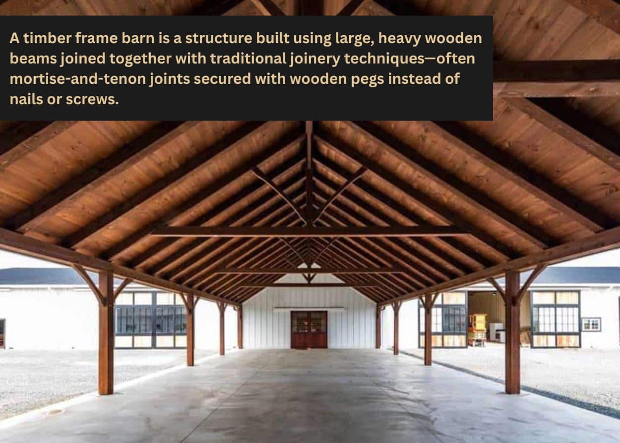 Interior of timber frame structure showing exposed beams and vaulted ceiling.