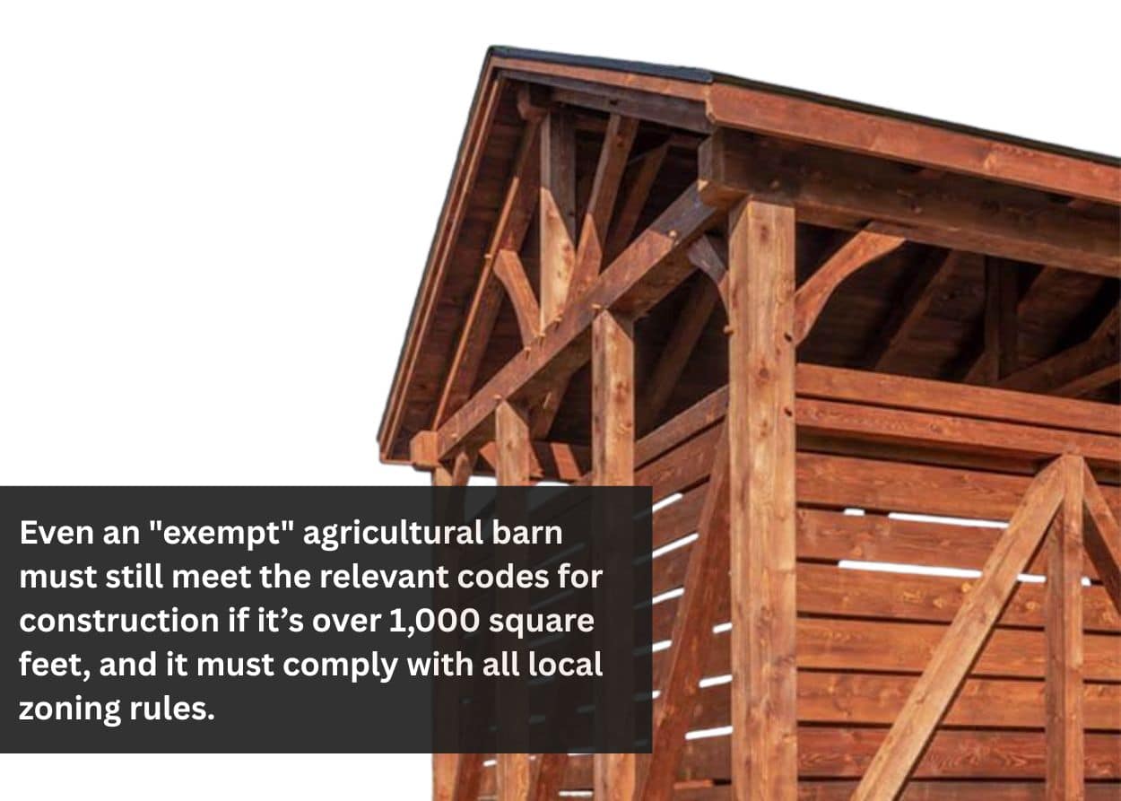 Close-up of a timber frame barn exterior highlighting traditional wood joinery and craftsmanship often reviewed during Pennsylvania barn permitting. Caption: Even an "exempt" agricultural barn must still meet the relevant codes for construction if it’s over 1,000 square feet, and it must comply with all local zoning rules.