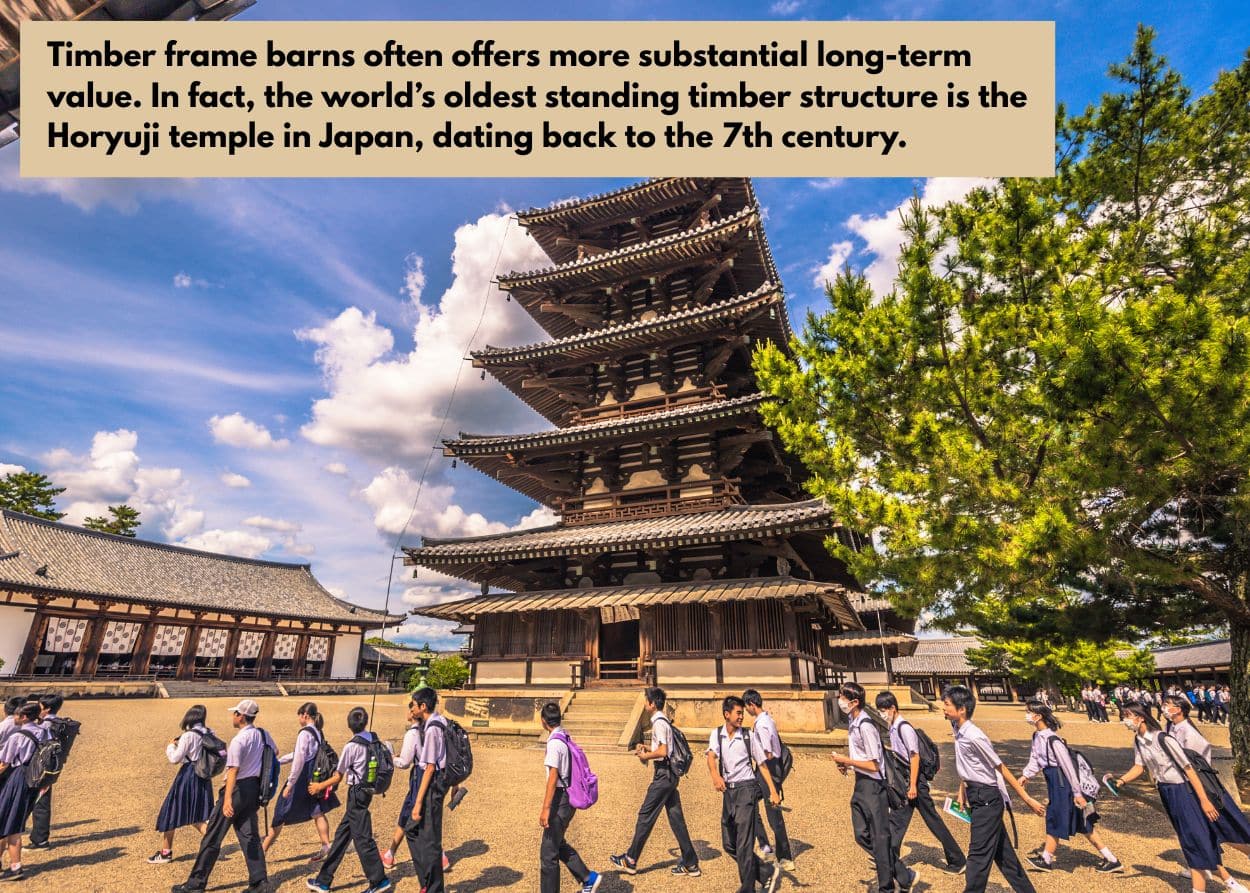 Traditional timber frame structure showcasing craftsmanship and long-term architectural durability. Caption: Timber frame barns often offers more substantial long-term value. In fact, the world’s oldest standing timber structure is the Horyuji temple in Japan, dating back to the 7th century.