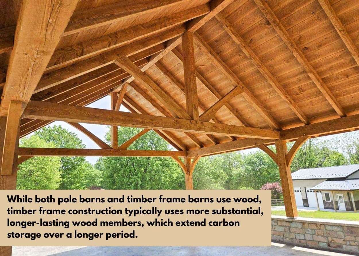 Exposed timber frame beams and trusses highlighting natural wood materials and joinery. Caption: While both pole barns and timber frame barns use wood, timber frame construction typically uses more substantial, longer-lasting wood members, which extend carbon storage over a longer period.